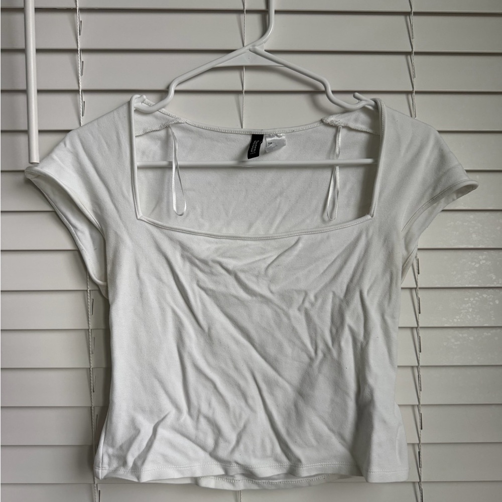 H&M White Square Neck Short Sleeve Tee